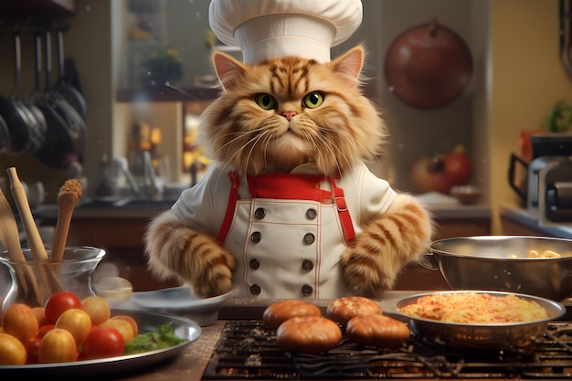 Un chat dans une toque de chef est assis dans une cuisine avec de la nourriture sur le comptoir.