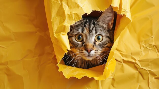 Chat dans un trou de papier petit chat tabby sortant à travers le fond de l'artisanat animal de compagnie drôle