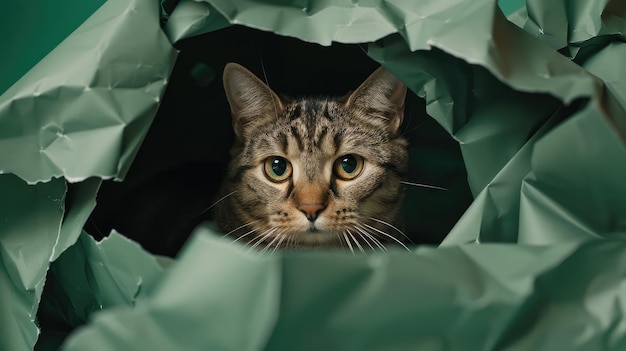 Photo chat dans un trou de papier vert petit chat tabby sortant à travers le fond de l'artisanat animal de compagnie drôle
