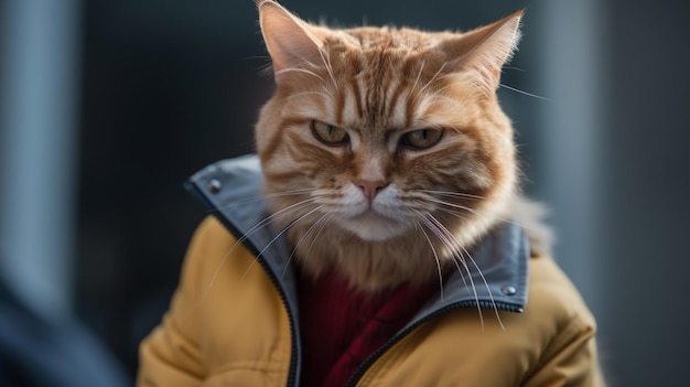 Un chat dans une veste porte une veste qui dit "chat"