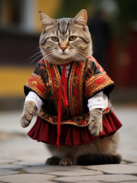 Photo un chat dansant en costume folklorique traditionnel dans la rue cobblestone