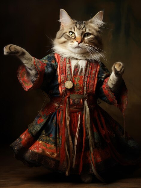 Photo un chat dansant en costume folklorique traditionnel dans la rue cobblestone