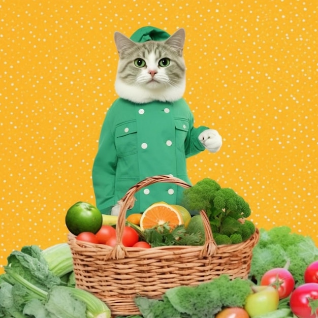 Un chat debout à côté d'un panier de légumes