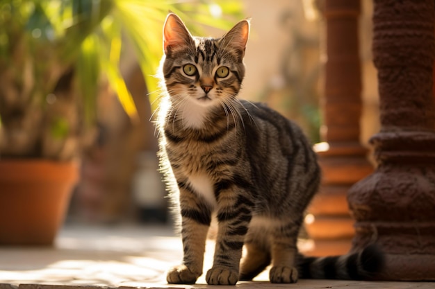 un chat debout sur un patio à côté d'une plante