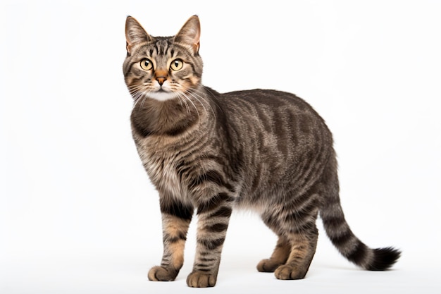 un chat debout sur une surface blanche regardant la caméra