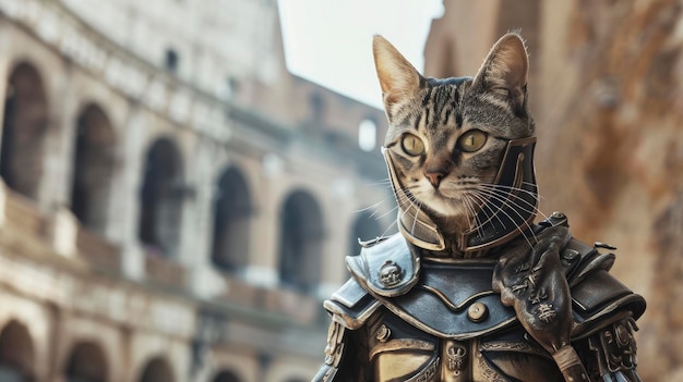 Un chat déguisé en gladiateur dans le Colosseum romain