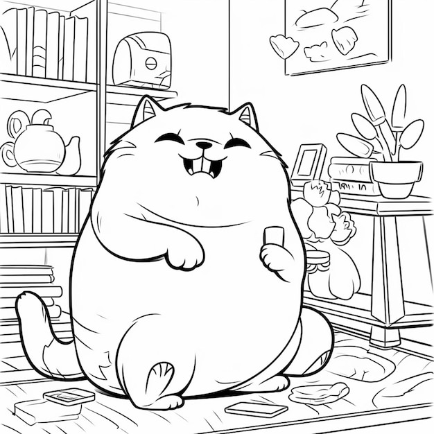 Un chat de dessin animé assis sur le sol dans un salon ai génératif