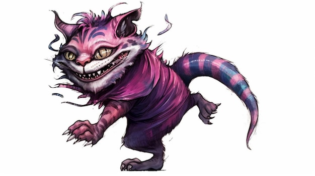 Un chat de dessin animé avec une chemise violette qui dit "chat du cheshire"