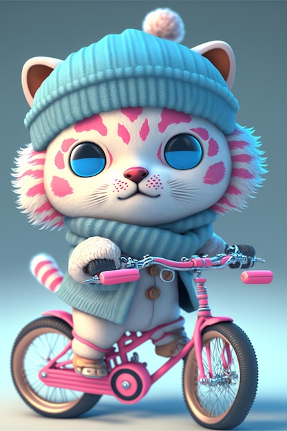 Chat de dessin animé chevauche une ai générative de vélo rose