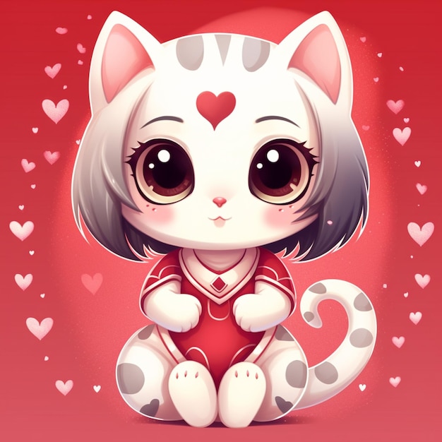 Un chat de dessin animé avec un cœur sur sa poitrine est assis sur un fond rouge avec des cœurs.