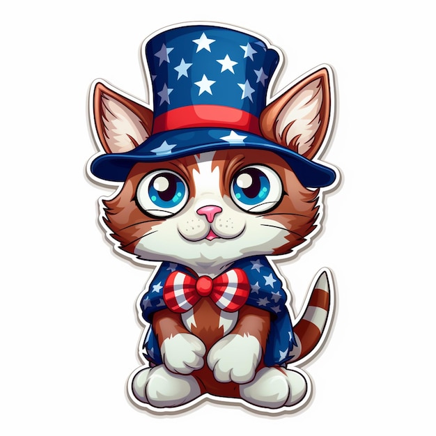 chat de dessin animé dans un chapeau patriotique et un nœud papillon assis sur le sol ai générative