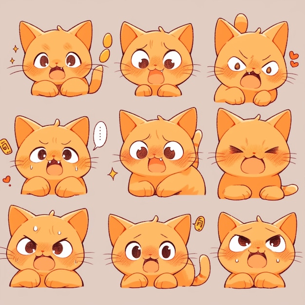 Photo chat de dessin animé avec diverses expressions et expressions génératives ai