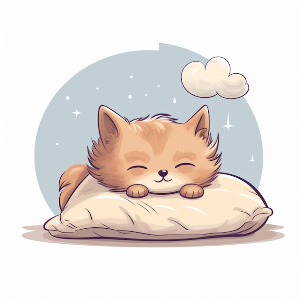 Photo chat de dessin animé dormant sur un oreiller avec un nuage en arrière-plan ai générative