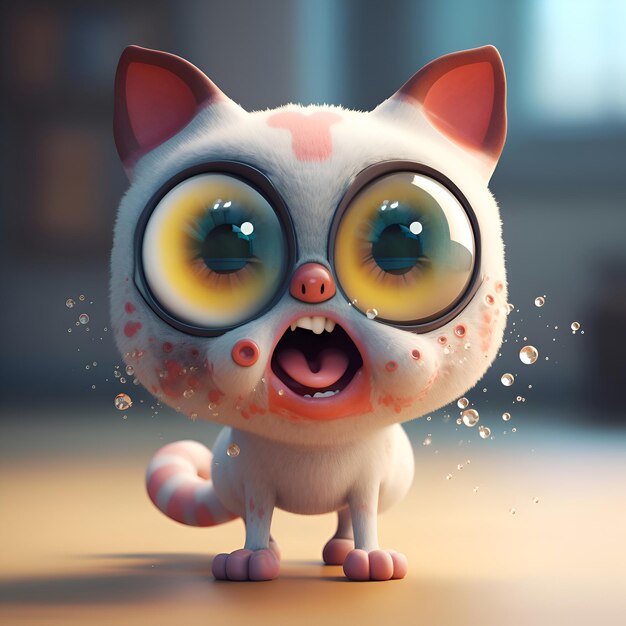 Un chat de dessin animé drôle avec de grands yeux rendu 3D illustration numérique