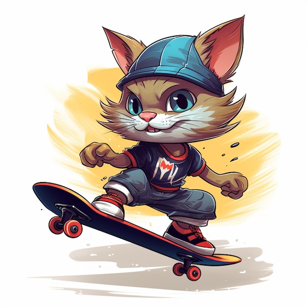 chat de dessin animé faisant du skateboard avec un chapeau sur un ai génératif