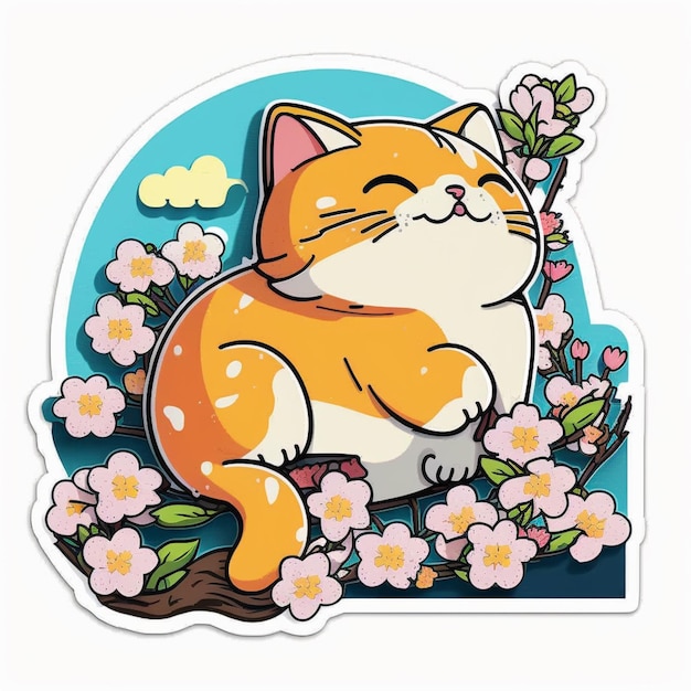 Chat de dessin animé avec des fleurs de cerisier sur une branche dans un cercle bleu