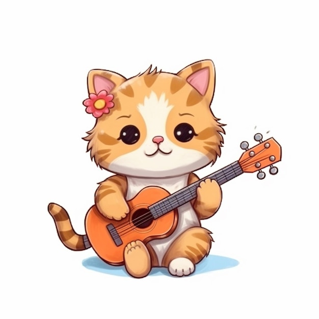 Un chat de dessin animé jouant de la guitare et assis sur le sol.