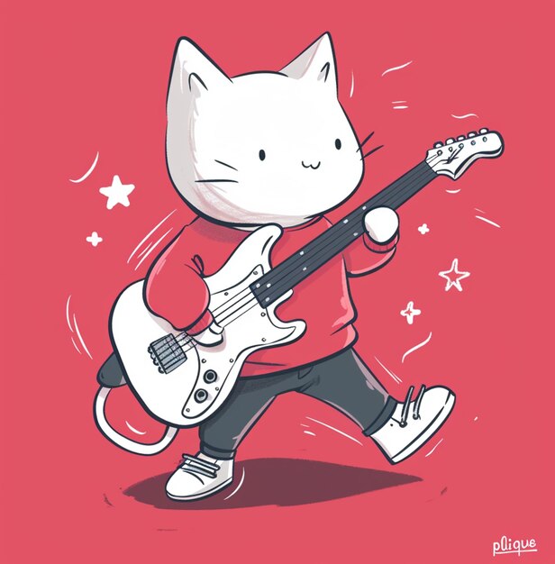 un chat de dessin animé jouant de la guitare tout en marchant sur un fond rouge