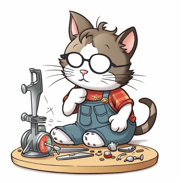 chat de dessin animé avec des lunettes et une combinaison assis sur une table avec des outils génératifs ai