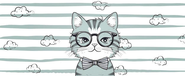 Un chat de dessin animé avec des lunettes et un noeud papillon.