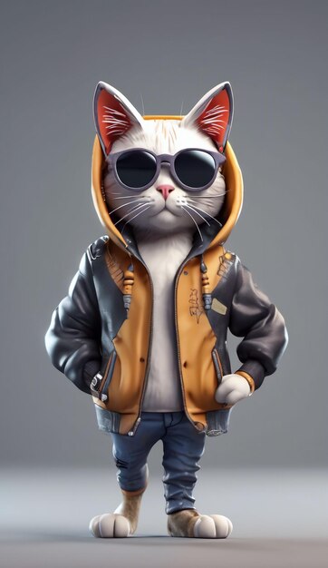 Chat de dessin animé avec des lunettes de soleil et une veste avec capuche sur fond transparent rendu 3D