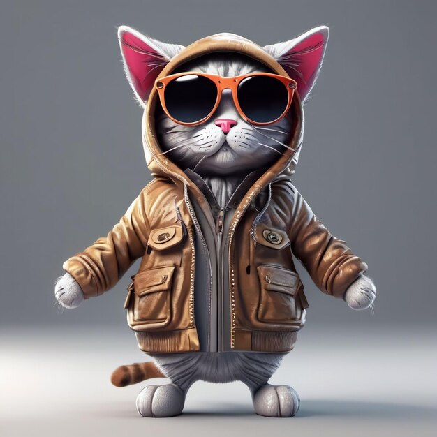 Chat de dessin animé avec des lunettes de soleil et une veste avec capuche sur fond transparent rendu 3D