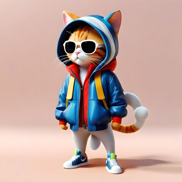 Chat de dessin animé en lunettes de soleil et veste avec capuche sur fond transparent rendu 3D