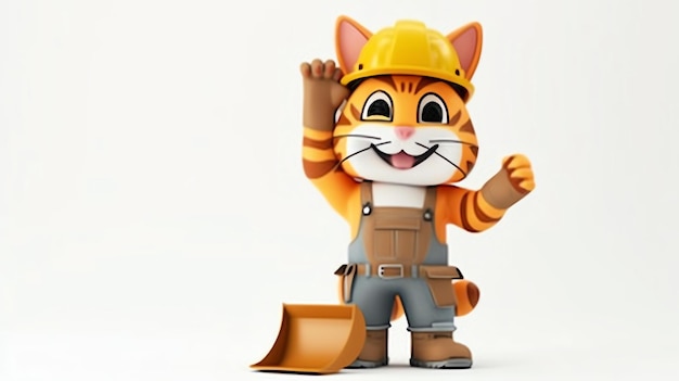 Un chat de dessin animé mignon et sympathique portant un chapeau et une pelle Parfait pour les projets de construction