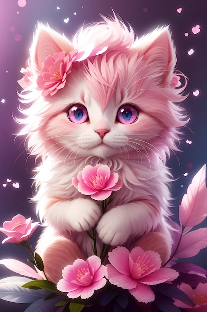chat de dessin animé mignon tenant une fleur dans la main fond d'écran de guérison rose et blanc fond d'écran bébé chat