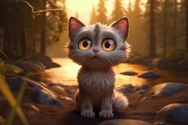 Chat de dessin animé mignon avec de très grands yeux et un regard plein de pitié Une forêt avec un lac brillant AI générative