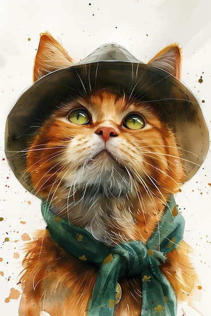 Un chat de dessin animé peint à l'aquarelle portant un chapeau et un foulard sur une carte postale pour la fête de Saint-Patrick