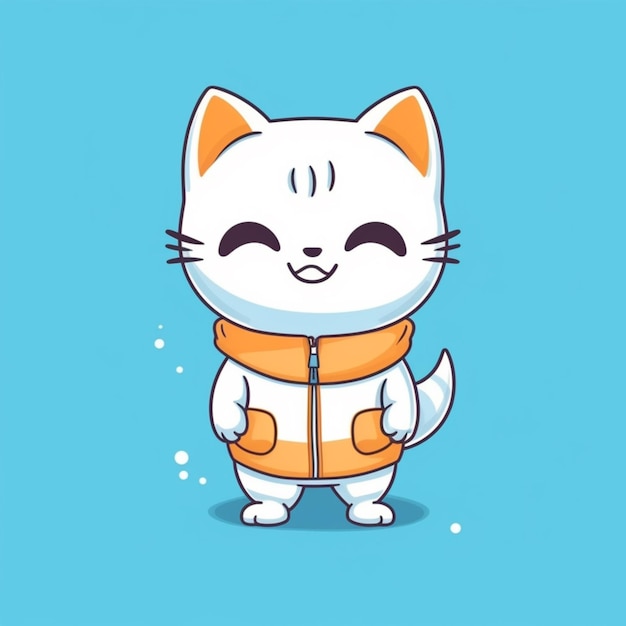 un chat de dessin animé portant un gilet et debout devant un fond bleu génératif ai