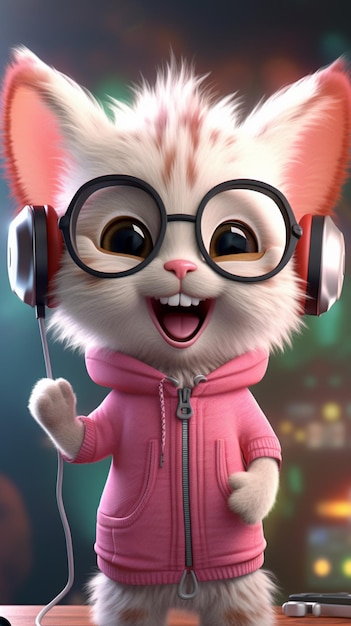 Un chat de dessin animé portant un sweat à capuche rose et des lunettes avec un casque devant lui.