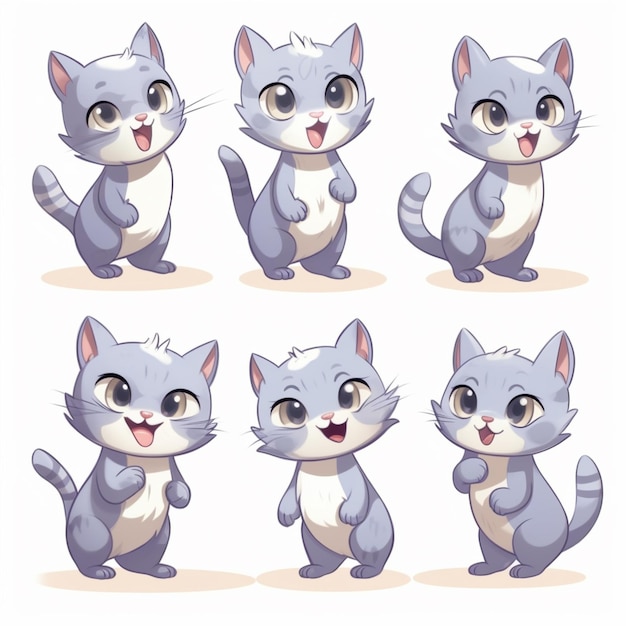 Chat de dessin animé pose avec différentes expressions et expressions génératives ai