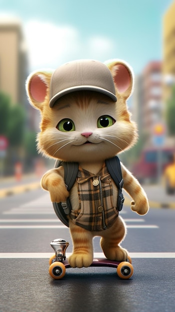 Un chat de dessin animé avec un sac à dos et un chapeau qui dit "chat" dessus.