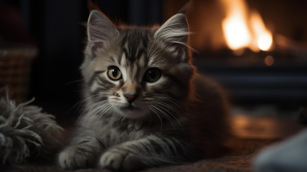 Un chat devant une cheminée