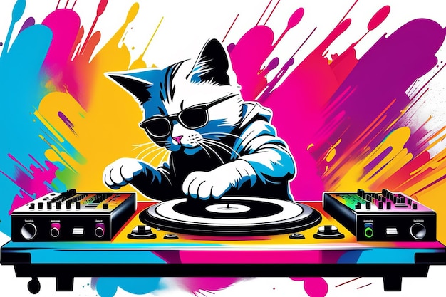 Chat dj jouant sur et synthétiseur tshirt design illustration de couleur vive et colorée Créé à l'aide d'outils d'IA génératifs