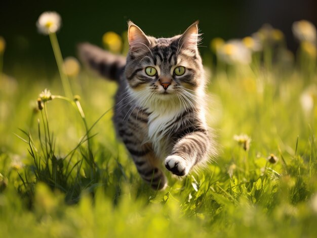 Un chat domestique court à travers une prairie verte et vibrante.