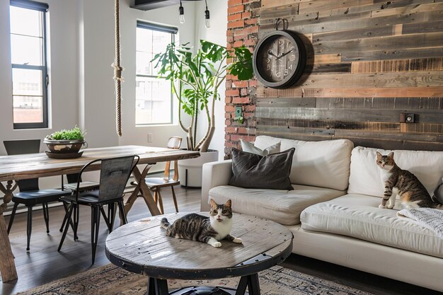 Un chat domestique dans un appartement contemporain confortable, un salon d'intérieur de style vintage