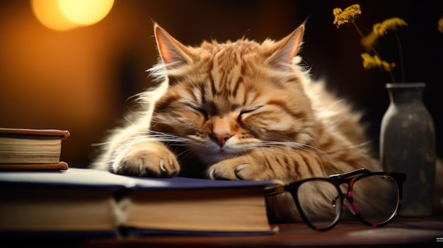 Chat dormant sur un livre ouvert avec des lunettes dessus