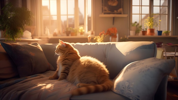 Le chat dort calmement et se détend sur le canapé Generative AI