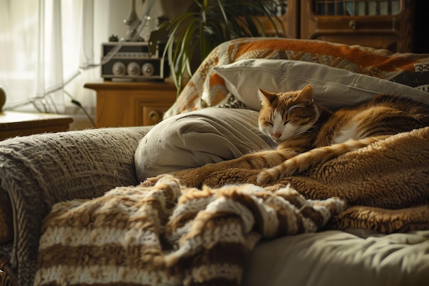 Un chat dort sur un canapé avec une lampe sur la table.