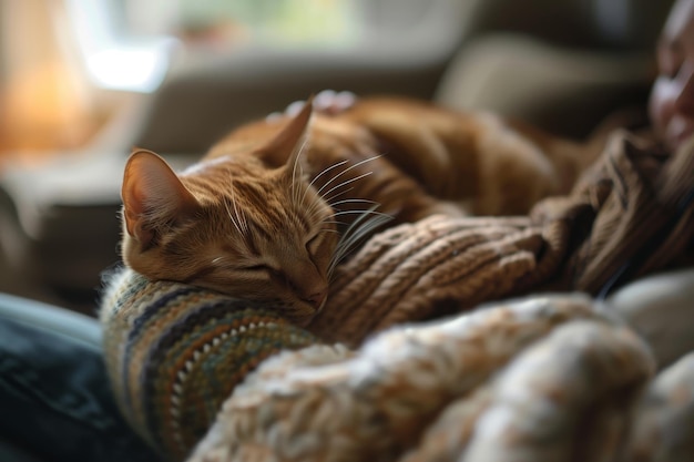 Un chat dort sur un canapé avec une lampe sur la table.