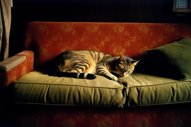 Un chat dort sur un canapé avec un tissu rouge et orange.