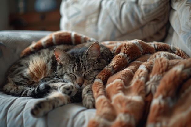 Un chat dort sur une couverture sur un canapé.