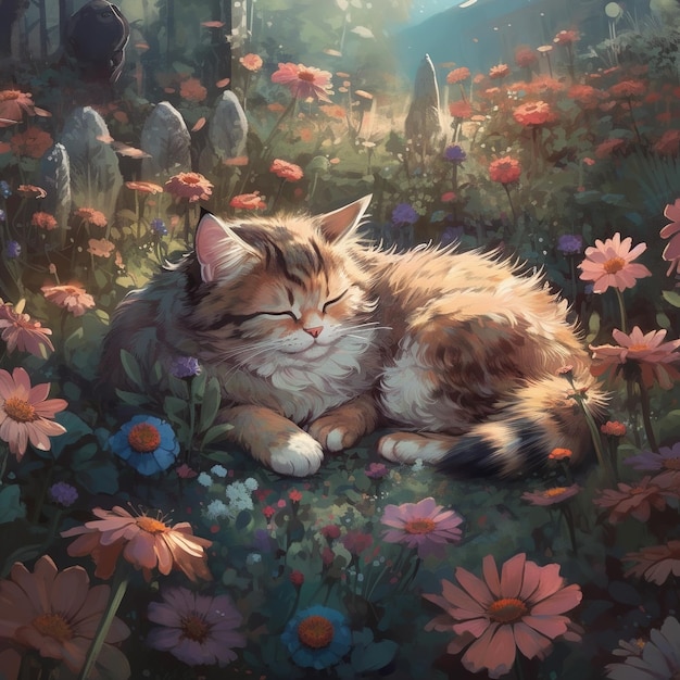 Un chat dort dans un champ de fleurs