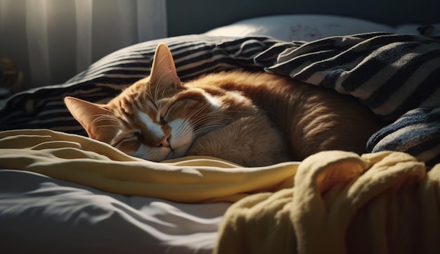 Un chat dort dans un lit sous une couverture.