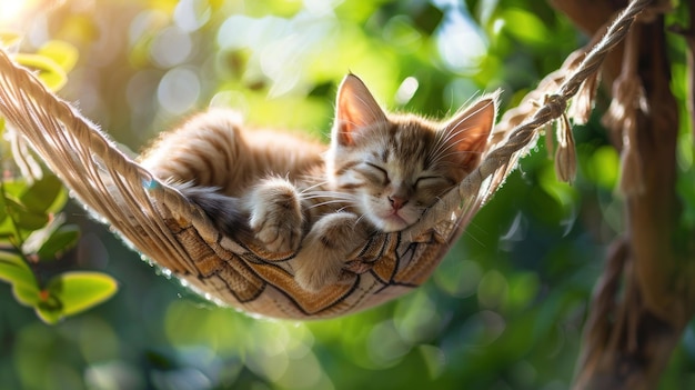 Un chat dort sur un hamac Le hamac est suspendu à un arbre Le chat est enroulé et il est ver