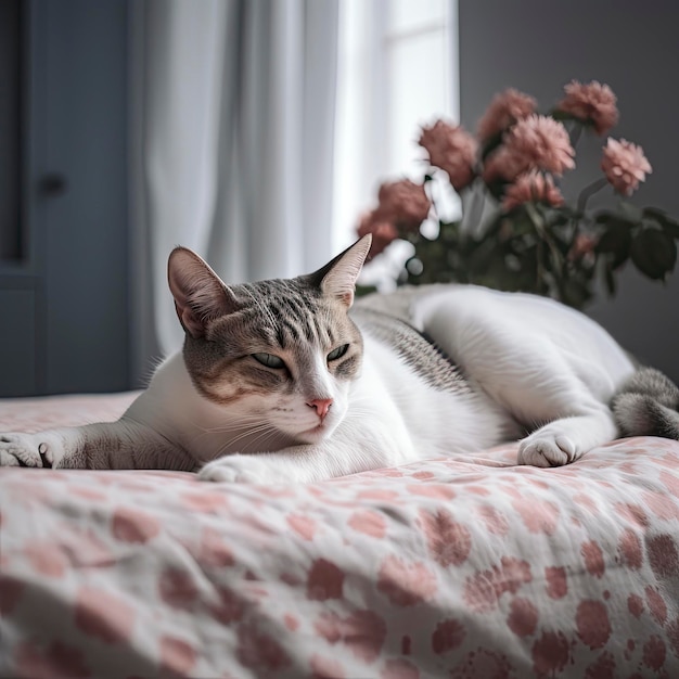 Un chat dort sur un lit avec une couverture dessus