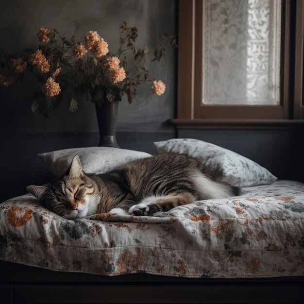 Un chat dort sur un lit avec une couverture dessus